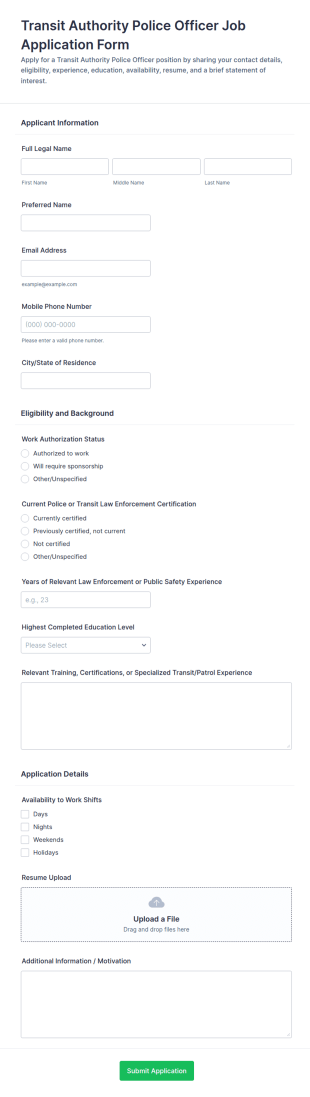 Transit Authority Police Officer Job Application Form Template