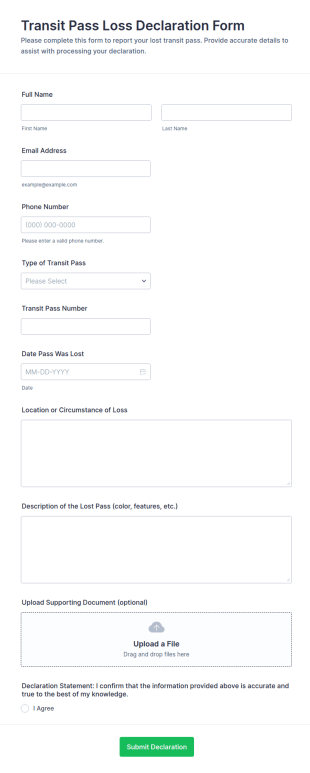 Transit Pass Loss Declaration Form Template
