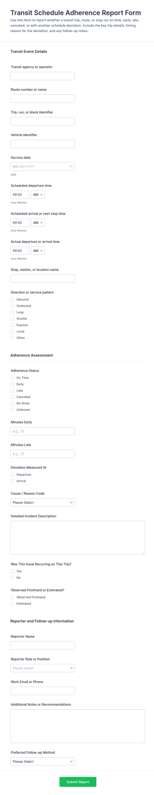 Transit Schedule Adherence Report Form Template