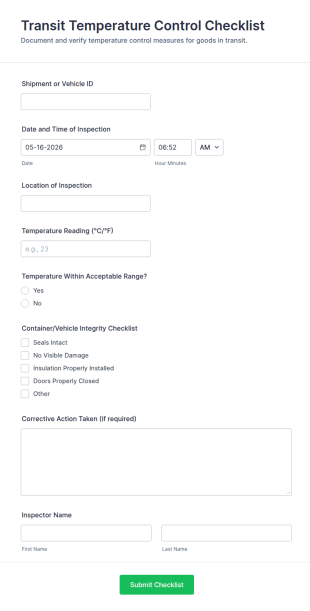 Transit Temperature Control Checklist Form Template