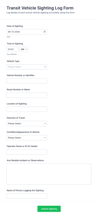 Transit Vehicle Sighting Log Form Template