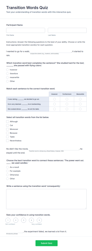 Transition Words Quiz Form Template
