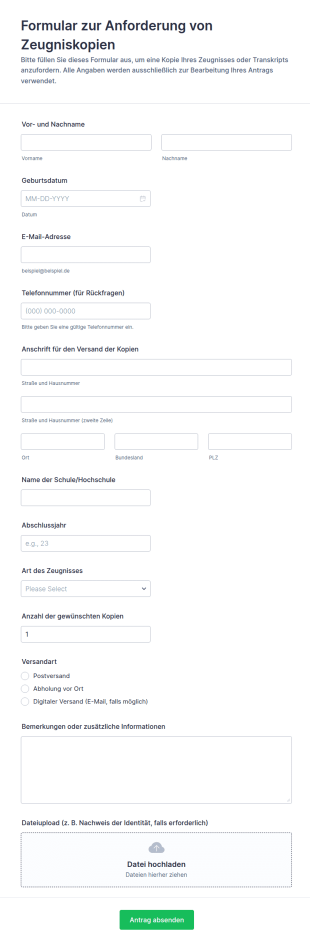 Transkript Anfrage Formular