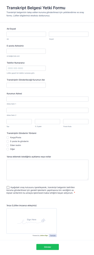 Transkript Belgesi Yetki Form Template