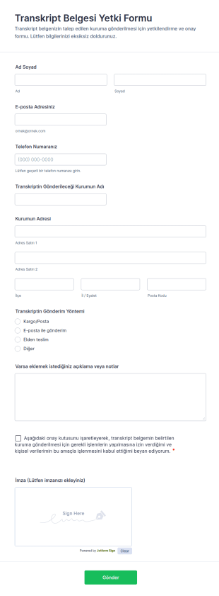 Transkript Belgesi Yetki Form Şablonu