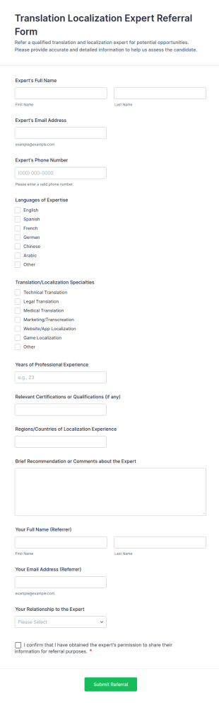 Translation Localization Expert Referral Form Template