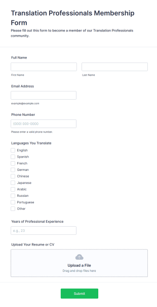 Translation Professionals Membership Form Template