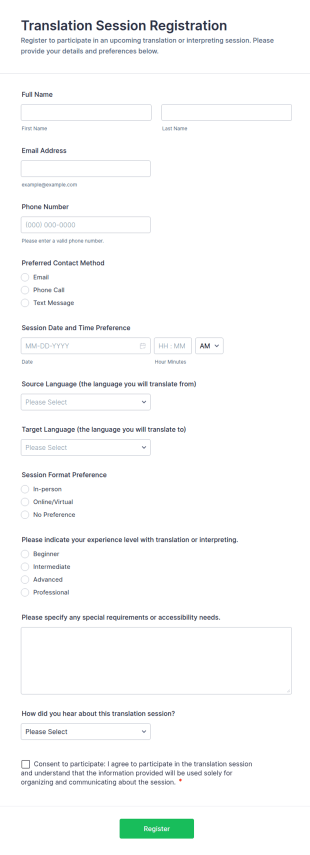 Translation Session Registration Form Template