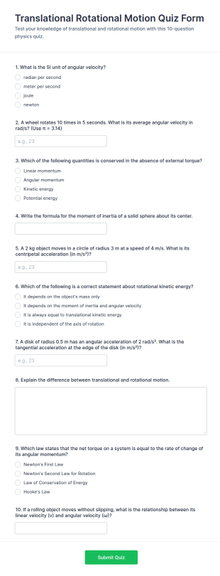 Translational Rotational Motion Quiz Form Template