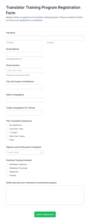 Translator Training Program Registration Form Template