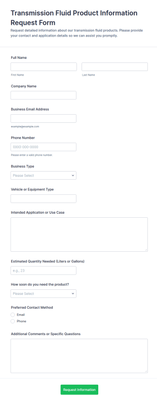 Transmission Fluid Product Information Request Form Template