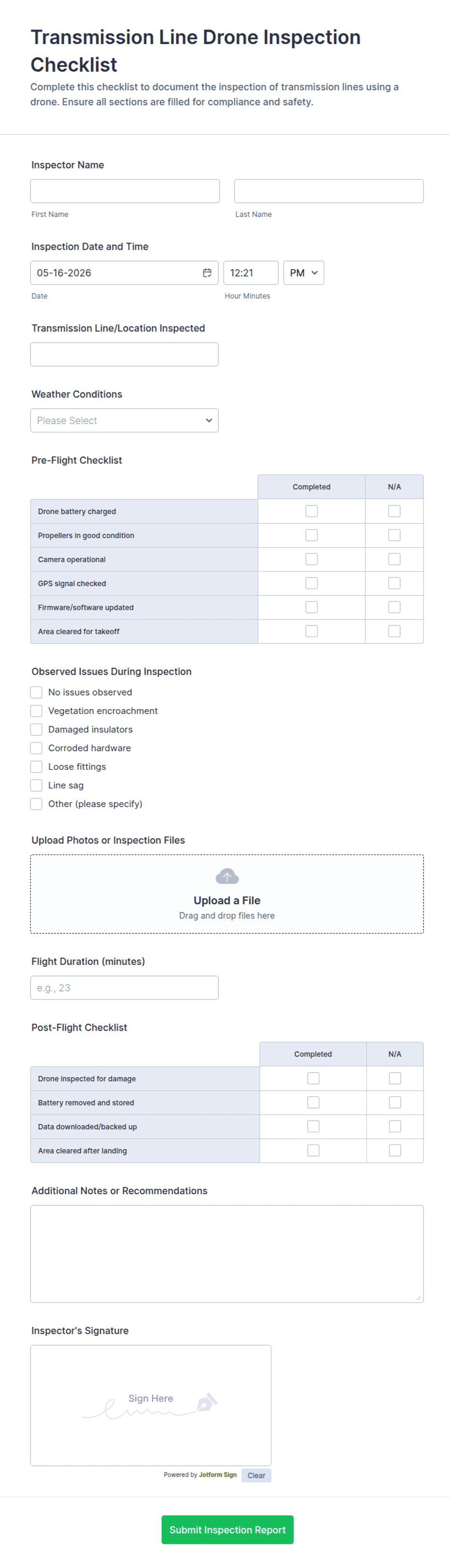 Transmission Line Drone Inspection Checklist Form Template | Jotform
