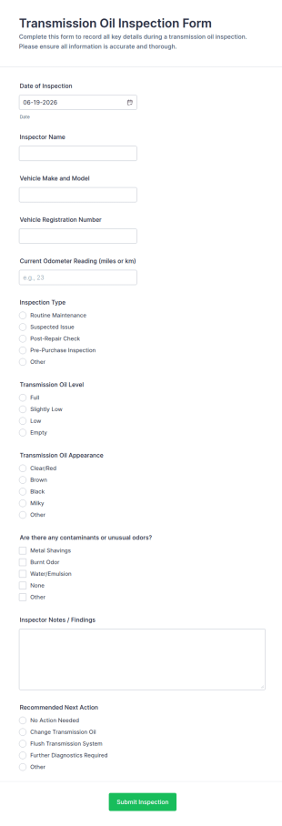 Transmission Oil Inspection Form Template
