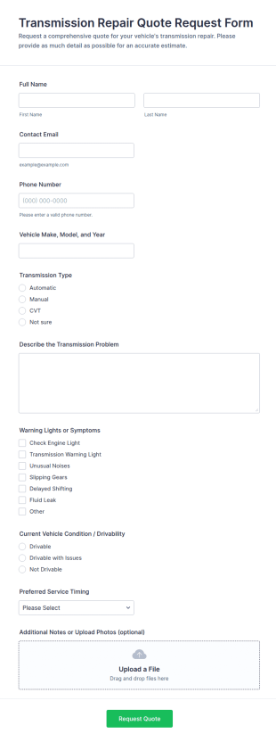 Transmission Repair Quote Request Form Template