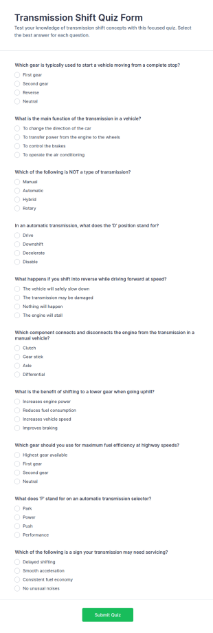 Transmission Shift Quiz Form Template