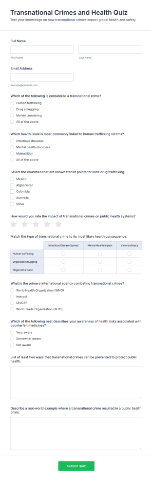 Transnational Crimes And Health Quiz Form Template
