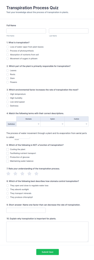 Transpiration Process Quiz Form Template