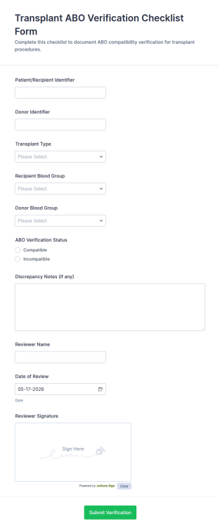 Transplant ABO Verification Checklist Form Template