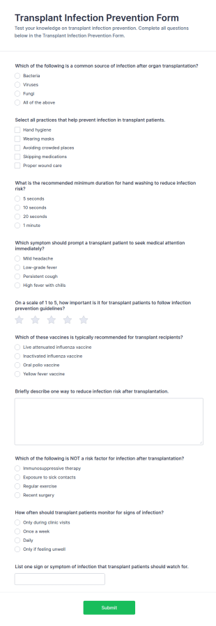 Transplant Infection Prevention Quiz Form Template