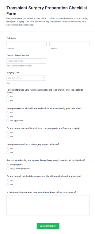 Transplant Surgery Preparation Checklist Form Template