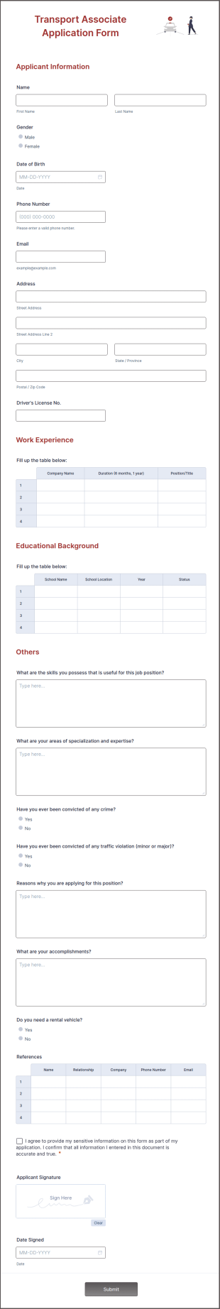 Transport Associate Application Form Template