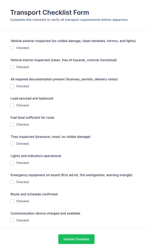 Transport Checklist Form Template