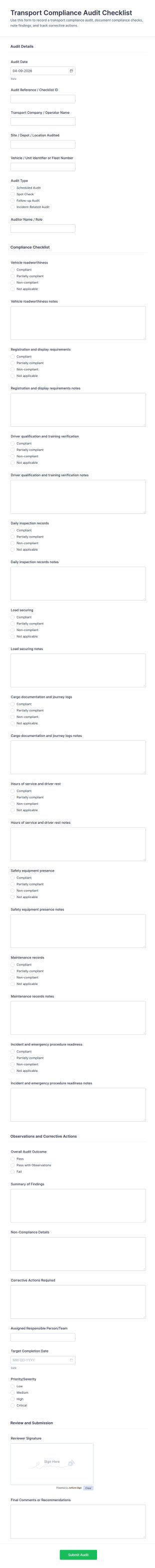 Transport Compliance Audit Checklist Form Template