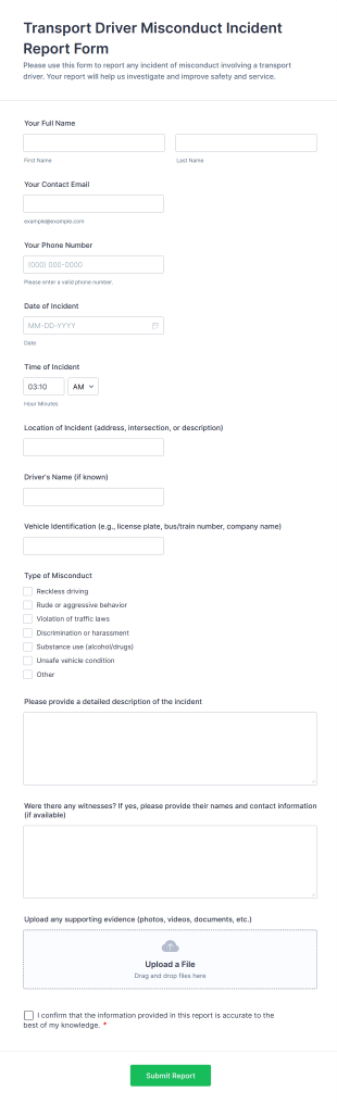 Transport Driver Misconduct Incident Report Form Template