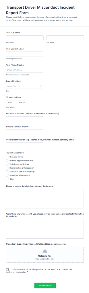 Transport Driver Misconduct Incident Report Form Template