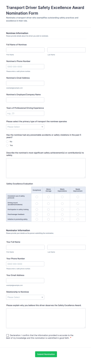 Transport Driver Safety Excellence Award Nomination Form Template
