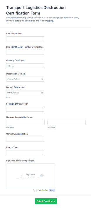 Transport Logistics Destruction Certification Form Template