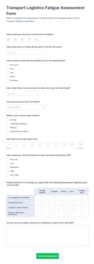 Transport Logistics Fatigue Assessment Form Template