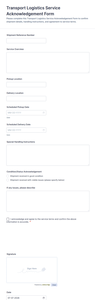 Transport Logistics Service Acknowledgement Form Template
