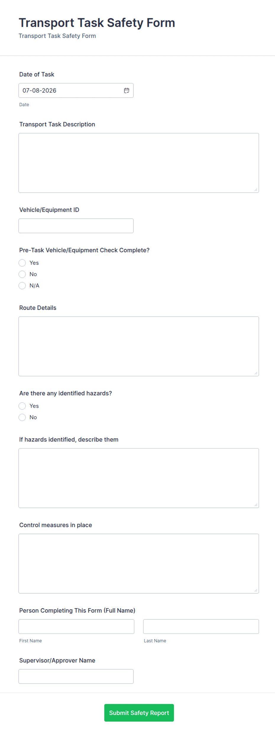 Transport Task Safety Form Template | Jotform