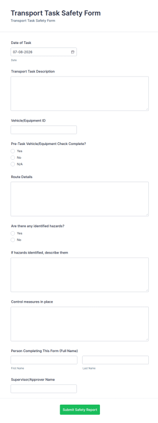 Transport Task Safety Form Template