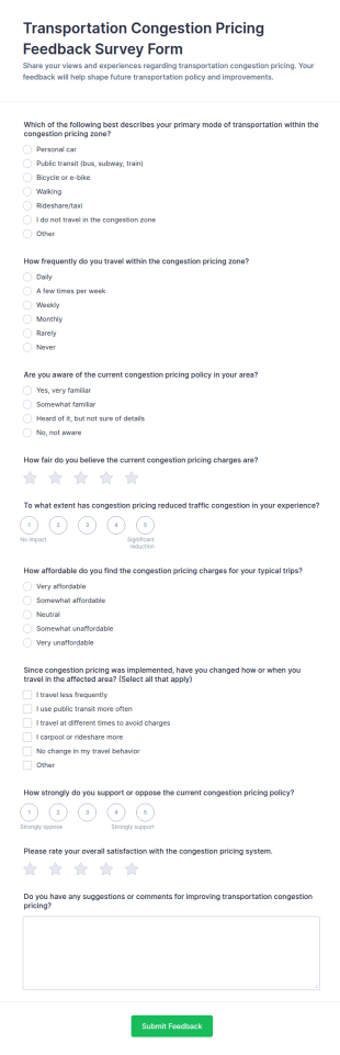 Transportation Congestion Pricing Feedback Survey Form Template