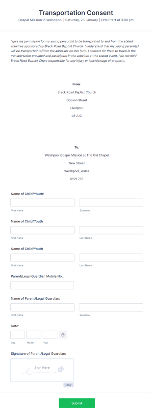 Church Transportation Consent Form Template