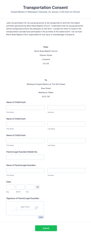 Church Transportation Consent Form Template