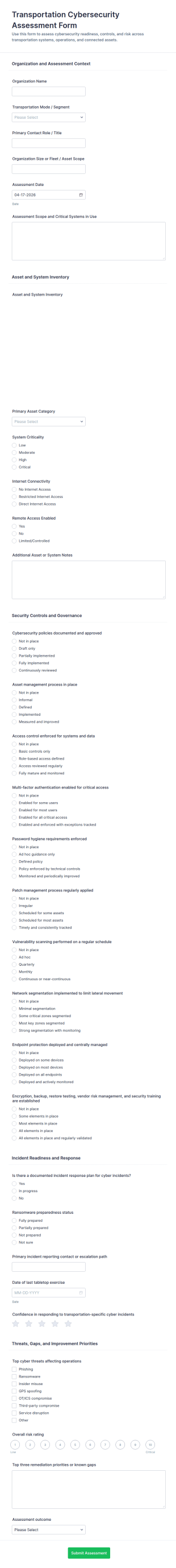 Transportation Cybersecurity Assessment Form Template