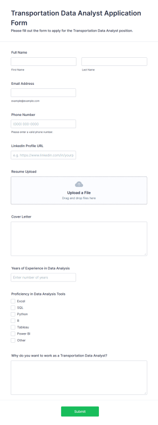 Transportation Data Analyst Application Form Form Template