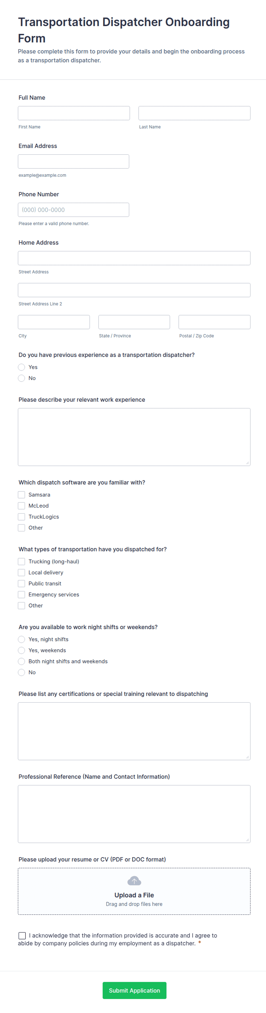 Job Dispatch Form Transportation Dispatcher Onboarding Form Template | Jotform