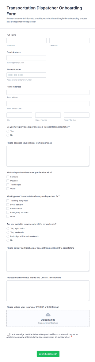 Transportation Dispatcher Onboarding Form Template