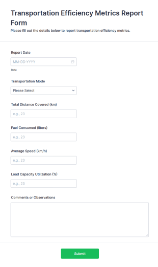 Transportation Efficiency Metrics Report Form Template