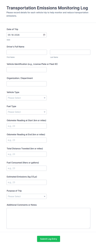 Transportation Emissions Monitoring Log Form Template