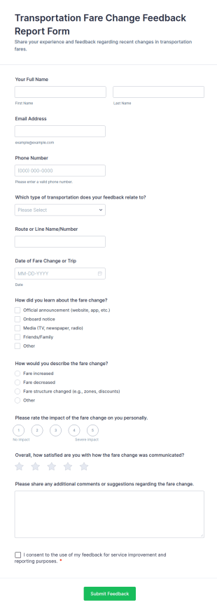 Transportation Fare Change Feedback Report Form Template