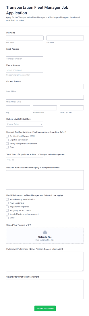 Transportation Fleet Manager Job Application Form Template