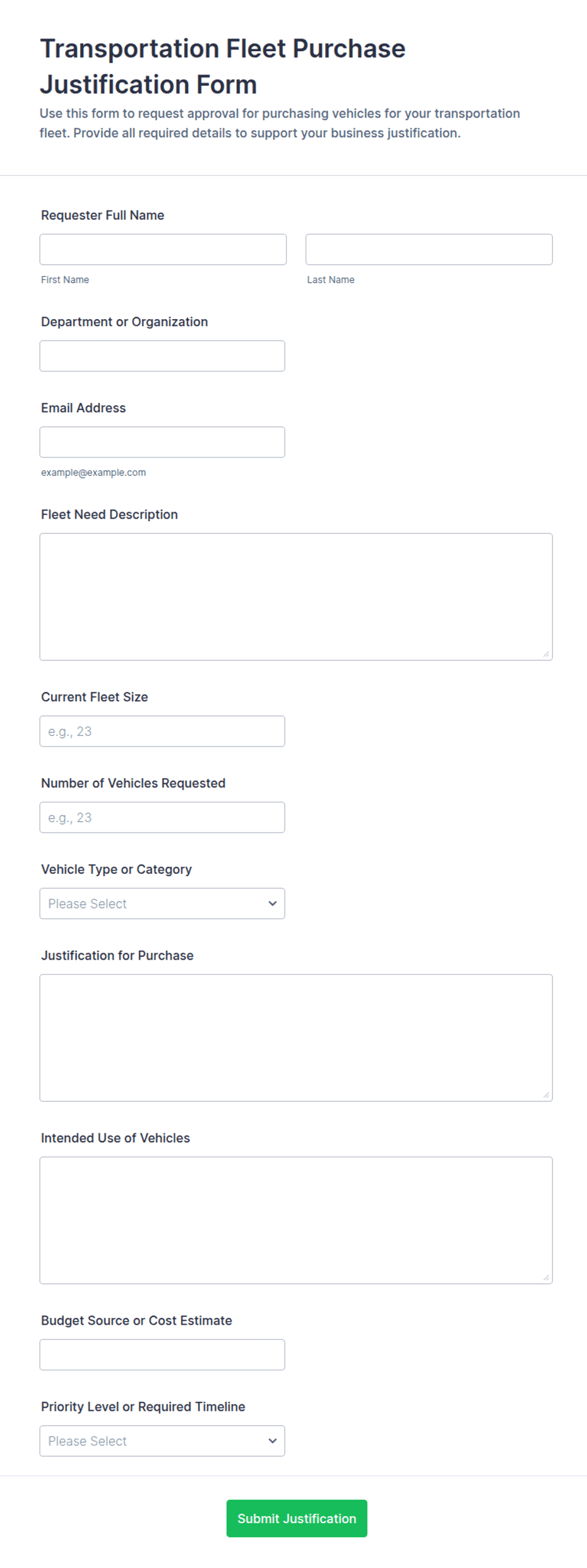 Transportation Fleet Purchase Justification Form Template | Jotform