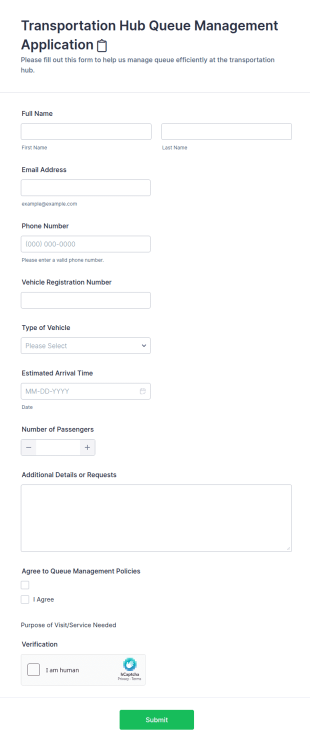 Transportation Hub Queue Management Application Form Template