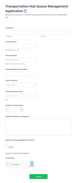 Transportation Hub Queue Management Application Form Template