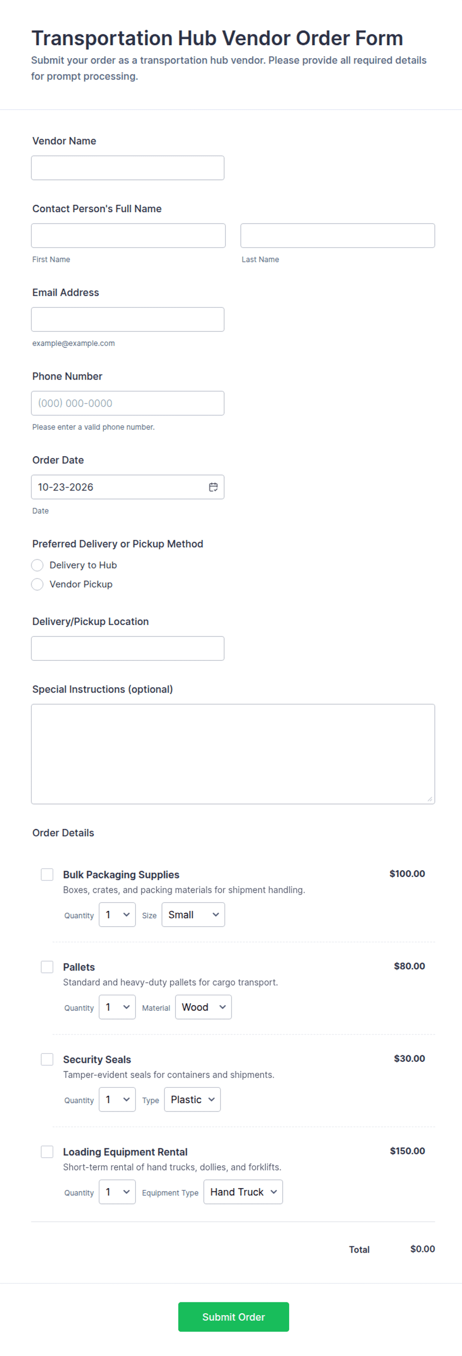 Transportation Hub Vendor Order Form Template | Jotform